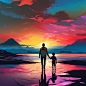 neon colors comic art, a father and son walking hand - in - hand on a misty beach at sunrise, The composition should be centered on the two figures, with the sea and sky providing a dramatic backdrop,