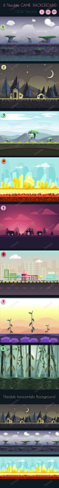 Tileable Game Backgrounds : Backgrounds inside this set are 2048x1536, 100% tileable horizontally and parallax ready. They are available in different formats such as: AI, EPS and PNG (full + layered backgrounds). Thanks to vector files, these backgrounds