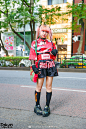 #原宿街拍# Thai Boxing Shorts Tokyo Street Style w/ Pink Twin Tails, Village Vanguard Japanese Cranes Tunic Top, Handmade Tote, Spinns, Oh Pearl & WC Dragon Shoes O网页链接 ​​​​