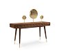 MONOCLES | DRESSING TABLE : The ultimate dressing table is the ultimate gadget every mid‐century modern sleek interior should have. Golden brass drawers and engraved circles in the solid walnut body are its trademarks, as well as the gold plated feet. A l