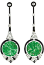 Pair of Platinum, Carved Jade, Diamond, Black Enamel and Black Onyx Pendant-Earrings, circa 1920.: