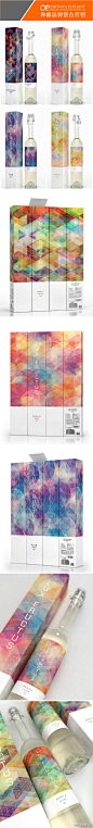 杭州禅雅广告：#DE品牌#-----#包装设计#---设计师Marcel Buerkle受另外一个叫Simon C的设计师的CUBEN iPad视网膜屏壁纸设计的灵感启发，并采用了其中的设计图案，设计了一系列Lux Fructus果酒概念包装设计，令人拍案的是图形色彩的搭配，以及果酒类型与图形的色彩搭配选择。