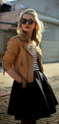 Gorgeous Brown Leather Jacket, Black Lined Blouse and Black Skirt