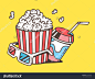 Vector linear illustration of pop corn with juice and anaglyph glasses for 3d on yellow background. Classic color hand draw line art design for web, site, advertising, banner, poster, board and print.