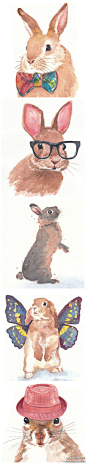 #动物# 来自画家Deidre Wicks的作品，这位插画家笔下的兔子有的系着领结，有的戴着大黑框眼镜，有的顶着爵士帽，有的甚至长出了蝴蝶翅膀。耐看的水彩画风不乏灵动的创意。