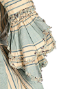 Detail sleeve, robe `a la Francaise, 1770s. Blue and white striped silk, double engageants and robings edged in matching fly-braid.