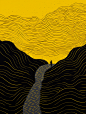 极简主义艺术，黑黄条纹组成山河，草间弥生风格，剪影艺术，大黄