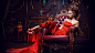 pose, interior, brown hair, hairstyle, makeup, beautiful, girl, in red, in the chair, necklace, shoes, sitting, dress