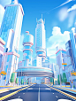 Based on reference images, render a street view image related to medical technology themes and aerial cities, with a rounded structure, strong lighting, blue sky and white clouds, modern style, fashion and simplicity, C4D, ultra high definition, 8k, high 