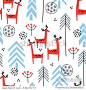 Christmas vector seamless pattern with cute red deer and fir trees