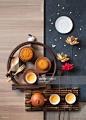 Flat lay mid-autumn festival tea time conceptual still life image. : Stock Photo