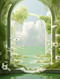 an arch is shown under a green tree with white daisies, in the style of surrealist dreamlike scenes, water and land fusion, rendered in cinema4d, mist, ricardo bofill, cute and dreamy, green