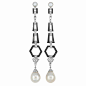 Pair of Art Deco Platinum, Diamond, Black Onyx and Natural Pearl Pendant-Earrings