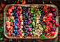 General 2867x2048 colorful food fruit berries strawberries blueberries raspberries grapes red currant cherries wooden surface mint leaves