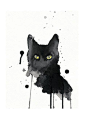 Black cat watercolor painting print A4
