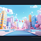 3d city and skyline backgrounds, in the style of kawaii street art,light pink and sky-blue,perspective rendering,vibrant stage backdrops,elegant cityscapes,backdrops,in the style of ray tracing,light pink,soft and airy compositions,vibrant stage backdrops