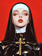 A beautiful nun with a cross on her lips against a red background, wearing a black latex outfit with gold details, in the style of David Uhl and Jeanloup Sieff, from a Vogue cover photo with a maximalist composition trending on Instagram. --ar 3:4