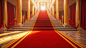 Red carpet and ceremonial staircase with golden columns, Bright color, ultra realistic