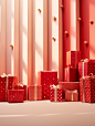 Gifts with red boxes and gold foil on a shelf, in the style of scattered composition, luminous hues, monochromatic abstractions, polka dot madness, light red, tabletop photography, stripes and shapes