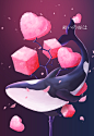 鲸鱼虎鲸樱花插画