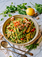 Salmon Pasta with Green Goddess Pesto, by thewoksoflife.com