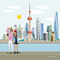 中国旅行旅游长城鼓楼佛像现代城市人物插画