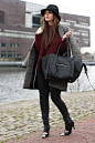 Iris . - Zara Coat, Zara Sweater, Nowhere Shoes, Vj Style Bag, Comme Des Garçons Hat - Burgundy & Grey