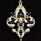 Trifari 'Alfred Philippe' Empress Eugenie Gold Black Enamel and Sapphires Fleur…