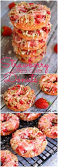 These Strawberry Coffee Cake Donuts are loaded with fresh, chopped strawberries, topped with coffee cake streusel and drizzled with glaze.  Breakfast treats have never been more pretty or tasty as these! (scheduled via http://www.tailwindapp.com?utm_sourc