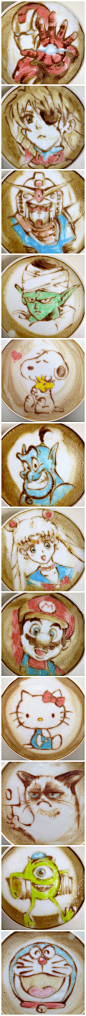 日本一冲咖啡达人利用可食用、有颜色的糖浆加入咖啡泡沫上面，制作出不同彩色动漫人物咖啡！