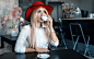 People 1920x1200 women model blonde long hair cafeteria  coffee sitting drink cup table hat blouses tattoo makeup rings flowers depth of field