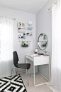 Vanity area featuring MICKE desk, VILMAR chair and acrylic shelves.   Closet redesign by Jerrica Zaric Interior DesignProject by: Jerrica Zaric Interior Design