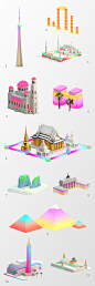 Low Poly Monuments : I was tasked to create over 32 low poly 3D landmarks for an international client's travel app. It was a very tight deadline, and I sourced many of these 3D models from online, tweaking them and texturing them to how they needed to loo