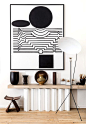 bold graphic monochrome art, minimal interior, shelf, vases