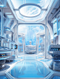 an image of an futuristic laboratory room, in the style of light indigo and light aquamarine, hyper-realistic sci-fi, hyper-detailed illustrations, translucent color, depictions of urban life, light white and sky-blue, snailcore