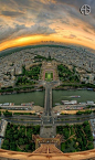 A great panoramic, sunset view of Paris city from the top of Eiffel Tower.  |See More