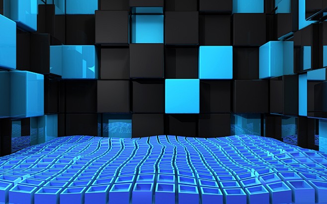 3D视图抽象的蓝色黑墙设计的立方体 - ...