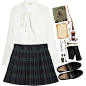 A fashion look from December 2014 featuring white tops, plaid pleated skirt and cable knit tights. Browse and shop related looks.