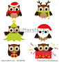 Christmas and New Year's owls in funny costumes - vector set