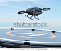 Black self-driving passenger drone takeoff from helipad. 3D rendering image.