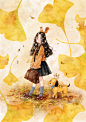 穿过落叶，踏进金秋 ~ 来自韩国插画家Aeppol 的「森林女孩日记」系列插画。