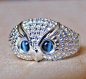 925 Sterling Silver Hawk's Eye OWL Ring