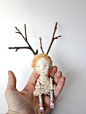 Deer Girl Art Doll, Paper Clay, Woodland, Victorian, Antlers : Meet little Willa, a girl who is part deer. She loves to play heads up seven up and hopscotch, (especially when its been raining) and is crazy