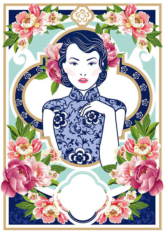 中式复古 民国风传统东方女士旗袍花朵插图...
