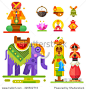 Diwali  - Indian festival of lights: Indian man and women, an elephant, lanterns, water lily flower. Flat stock vector illustration set. 