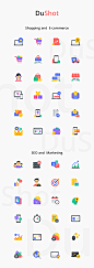 Icons : DuShot is a premium quality set of 100 flat style illustrations with 3 categories (Business and Finance, SEO and Management, Shopping and E-commerce). Illustrations come in SVG, PNG, Adobe Illustrator and Sketch format.