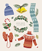 绿叶红果 铃铛帽子 手套围脖 冬季服装 圣诞插图插画设计PSD ti195a11311