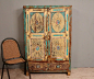 Antique Distressed Rustic Hand Carved Bright Turquoise Indian Cupboard