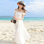 2012夏装新款甜美镂空蕾丝花边连衣裙波西米亚吊带长白色沙滩裙