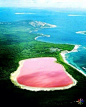 西澳大利亚赫特泻湖，远远望去就像一大块粉色的泡泡糖。就算把水装在瓶子里，它还是保持粉红色。